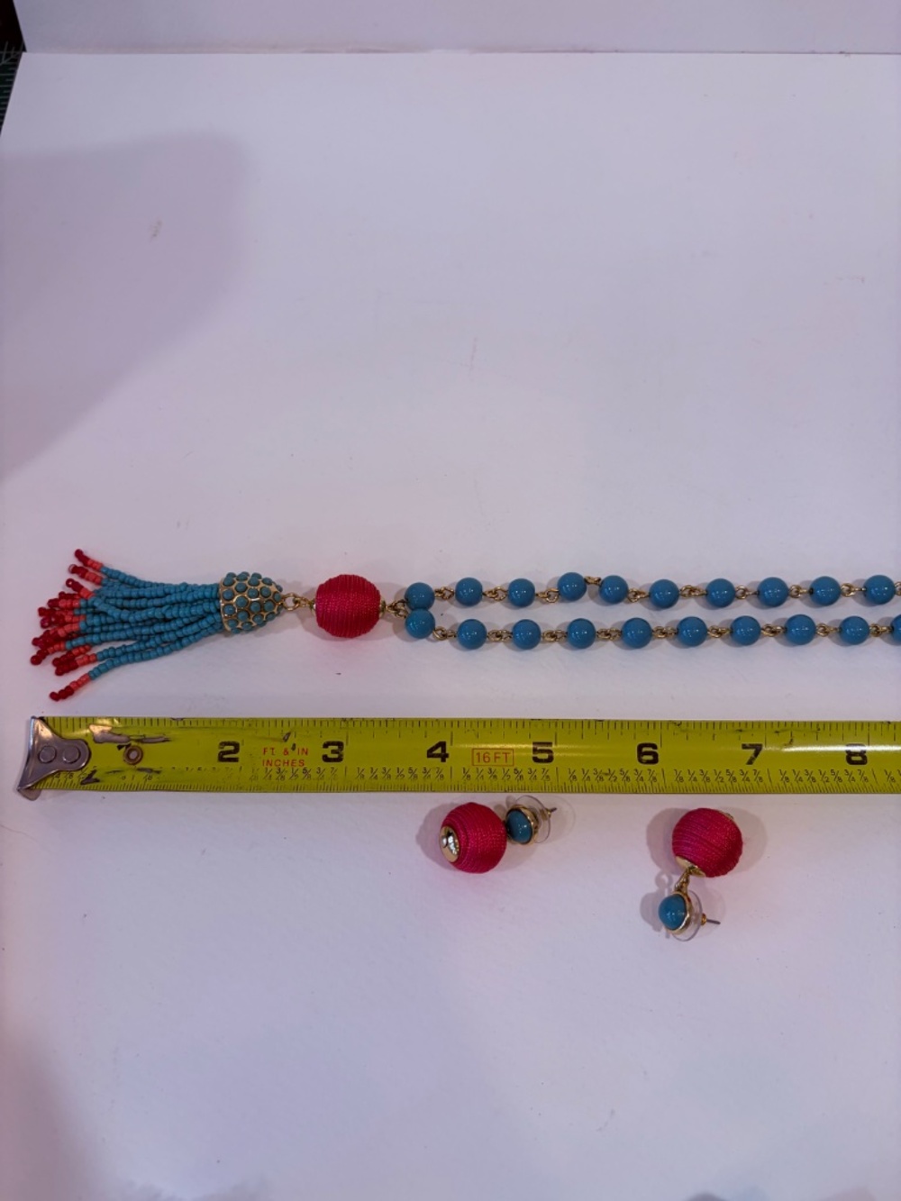 Spartina 449 Turquoise Red Beaded Tassel Necklace & Earrings Set - Picture 6 of 7